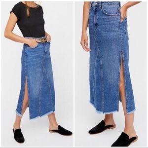 Free People Walk In The Park Blue Denim Midi Skirt